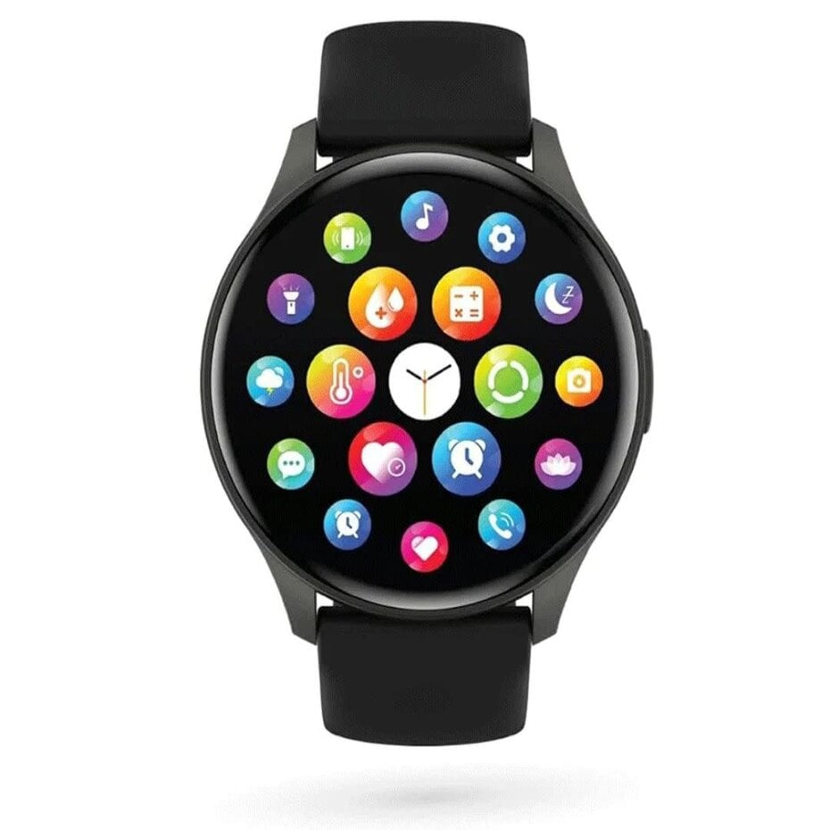 Op de foto staat een ronde smartwatch met een zwart siliconen bandje en een glanzend AMOLED-beeldscherm. Het is een sport-/fitnesstracker in horlogevorm met slimme functies zoals hartslag- en slaapmeting. Het hoofddoel is om je dagelijkse activiteiten en gezondheid eenvoudig bij te houden. De kast is matzwart, het scherm krasbestendig en randloos, en je bedient hem via twee zijknoppen en aanraakicoontjes. Je draagt hem tijdens werk, in de gym of onderweg voor realtime meldingen van oproepen, berichten en trainingsstatistieken. Hij is geschikt voor sporters, forensen en iedereen die zijn gezondheid wil monitoren. Opvallende voordelen zijn het heldere ronddisplay, de waterdichte behuizing en de uitgebreide sportprofielen.