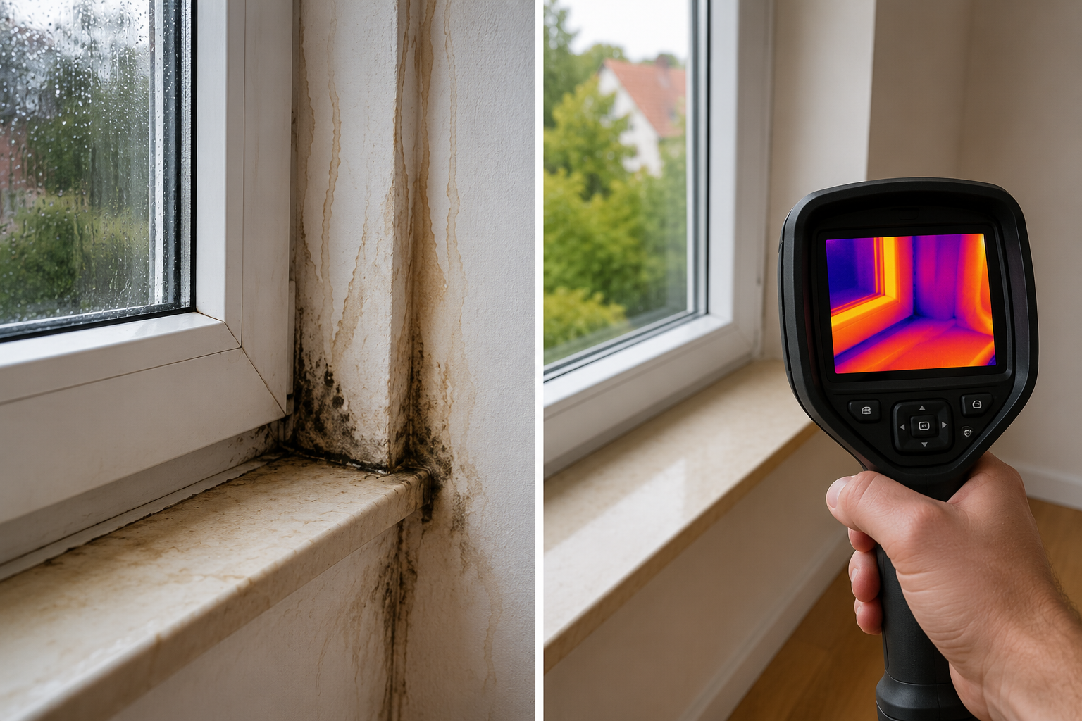 Op de foto zie ik een gebouwinspectie waarbij met een thermische camera vocht- en warmtelekken rond een kozijn worden opgespoord. Het hoofddoel is het in kaart brengen van warmteverlies en beginnende vochtproblemen om vroegtijdig maatregelen te kunnen nemen. De thermische beeldvorming maakt onzichtbare temperatuursverschillen direct zichtbaar, waardoor je precies ziet waar tocht, isolatielekken of schimmelvorming ontstaan. Dankzij het compacte handapparaat is de controle snel op verschillende plekken uit te voeren zonder hak- of breekwerk in de muur.